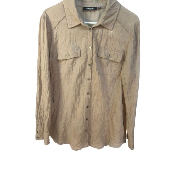 threads Saks Fifth Avenue Tan Crinkle Button-Front Shirt Dress – Size L - Picture 4 of 16